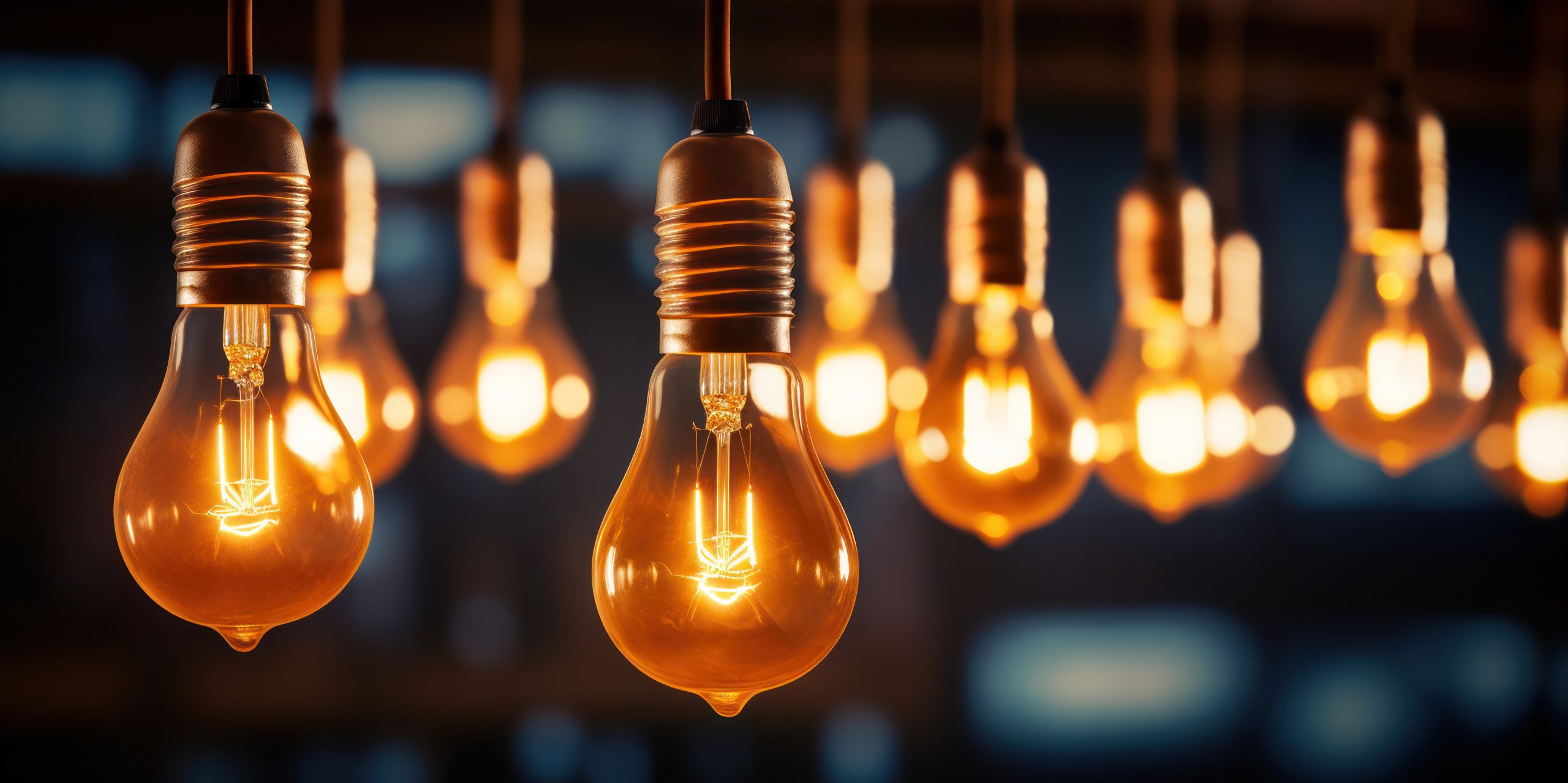 Warm filament bulbs cast a cozy, amber glow in a dimly lit room.